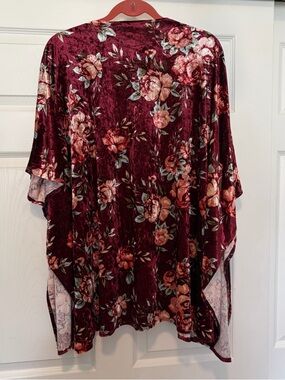 Floral Velvet Kimono Cardigan - Burgundy Rose